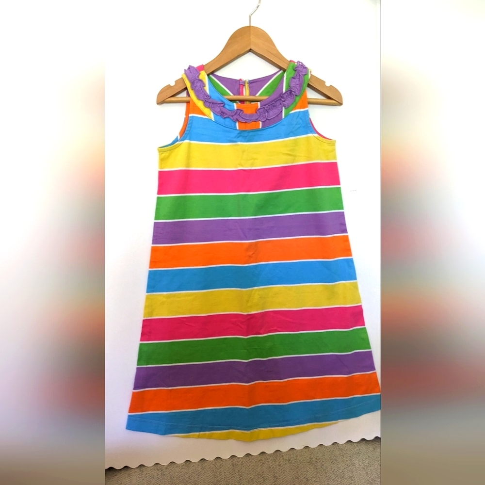 NWT Hanna Andersson 120cm Bright Stripe Tank Dress Ruffle Neck Modest Y2K